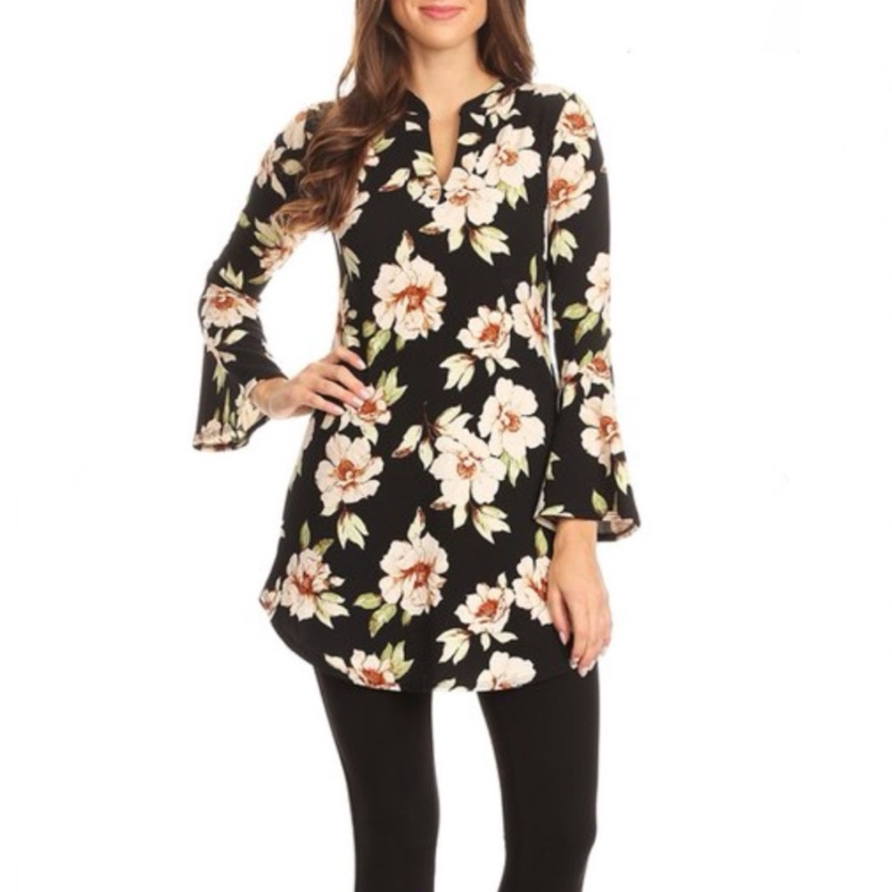 Y2K Floral Tunic Bell Sleeves Notch Neckline Black Juniors Large Made in USA